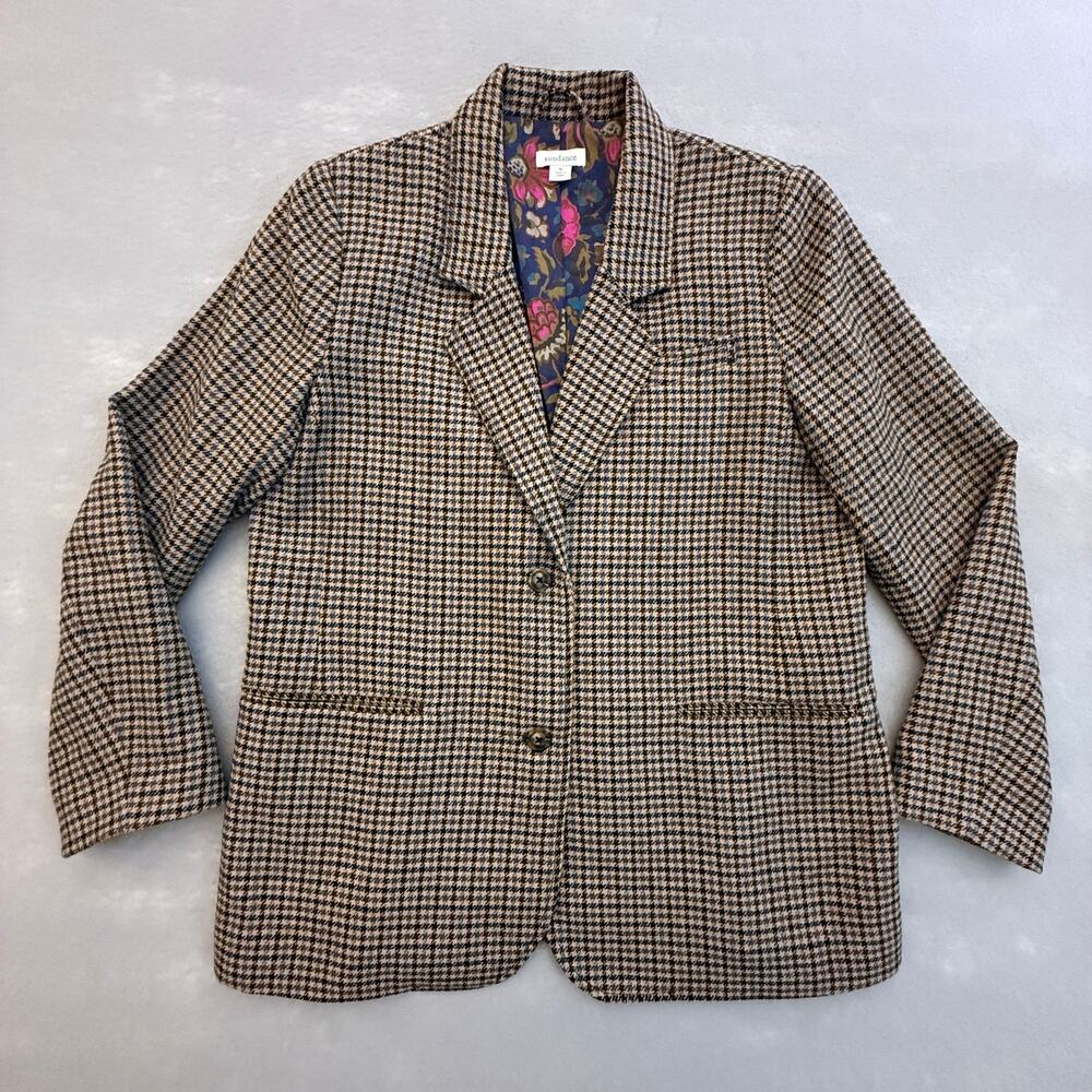 Sundance wool blend houndstooth floral lined blazer - brown blue boxy size M